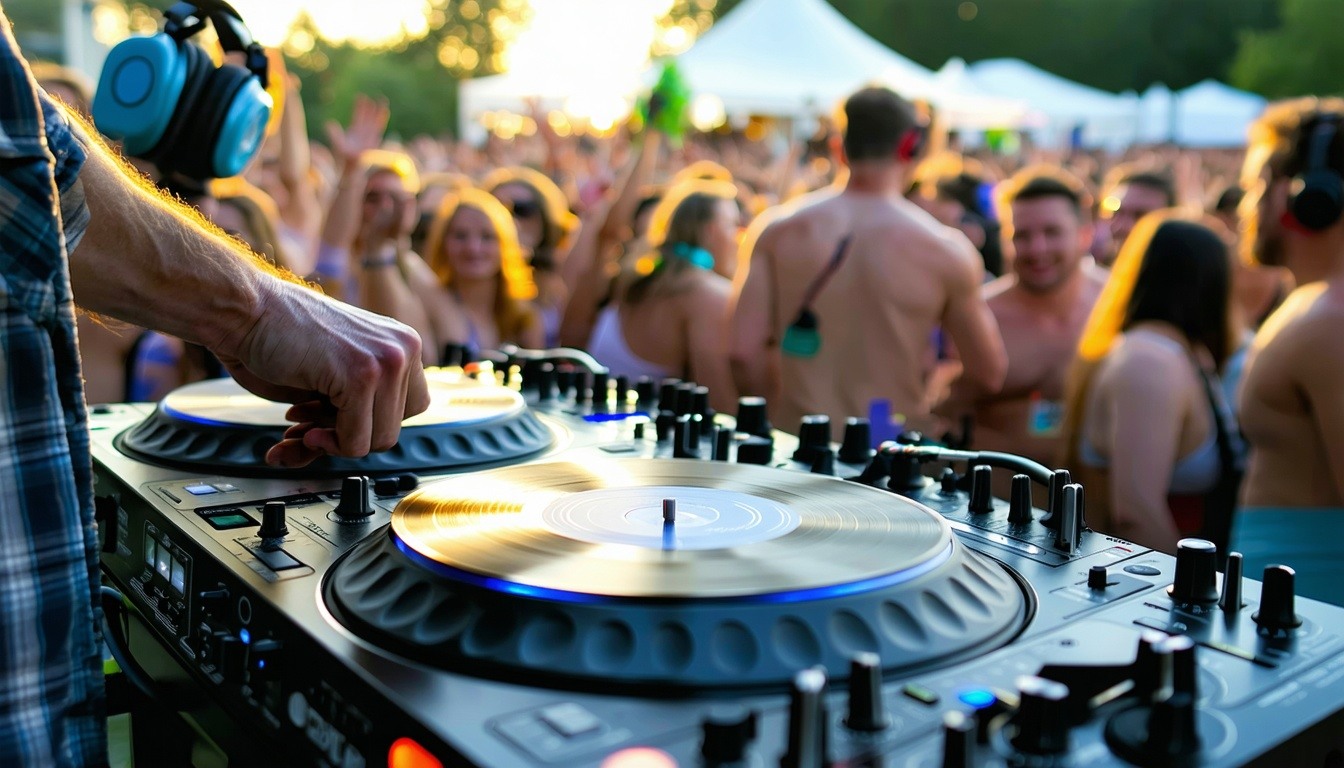 DJ spinning records at a lively outdoor event
