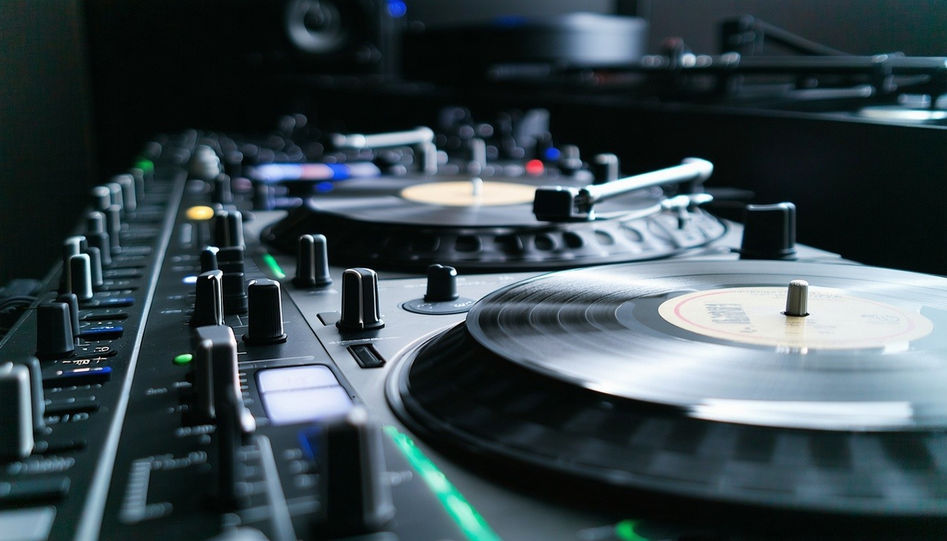 Close-up of DJ equipment with vinyl records
