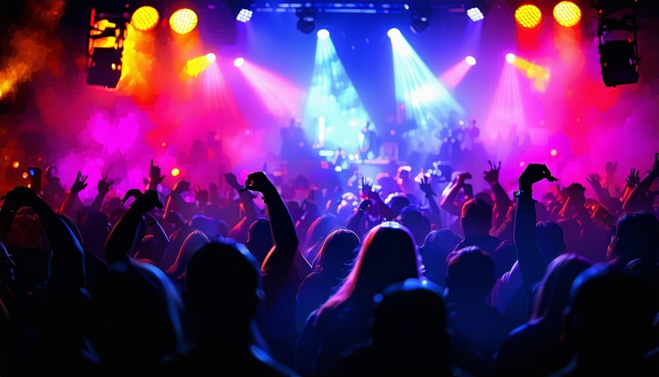 Crowd dancing to house music under colourful lights
